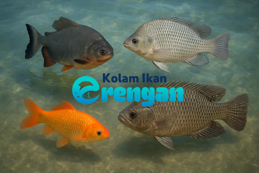Empat jenis ikan konsumsi Kolam Ikan Erengan: bawal, nila, gurame, mujair berenang di air jernih