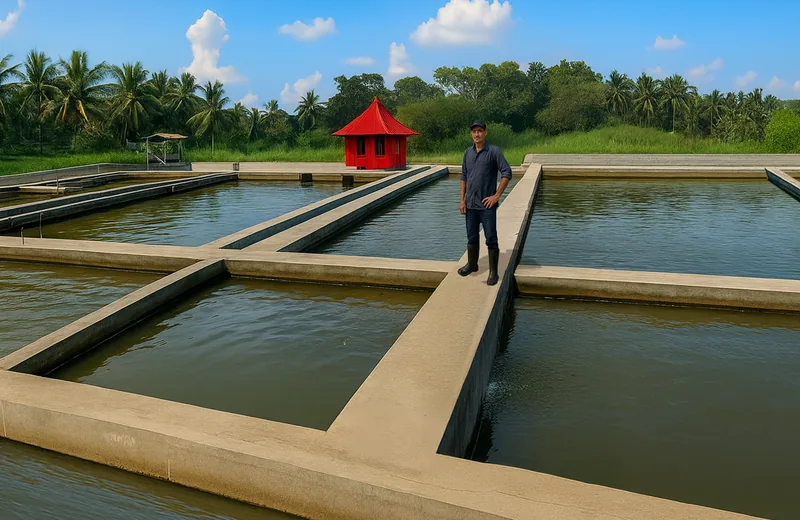 Petak-petak kolam beton Kolam Ikan Erengan di Situ Daun dengan latar pepohonan kelapa